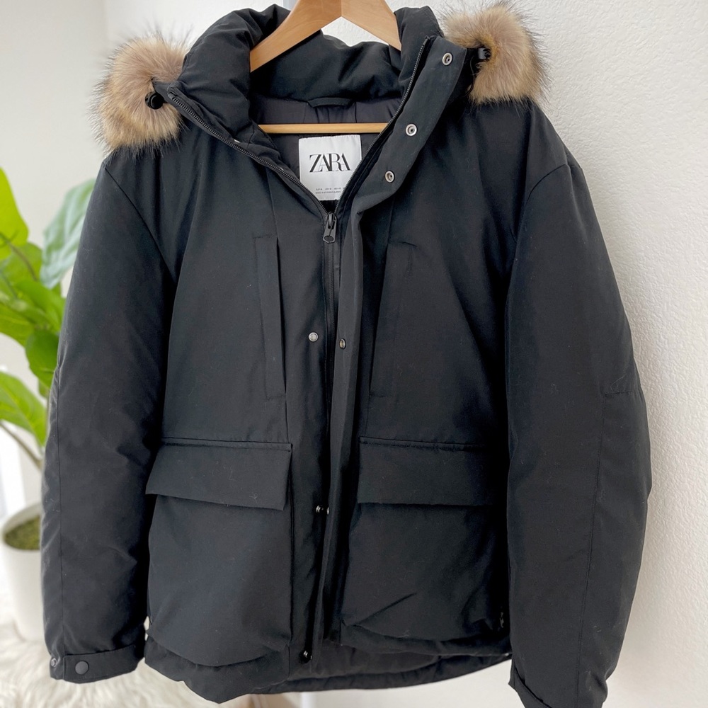 Men Black Puffer Jacket with fur hoodie